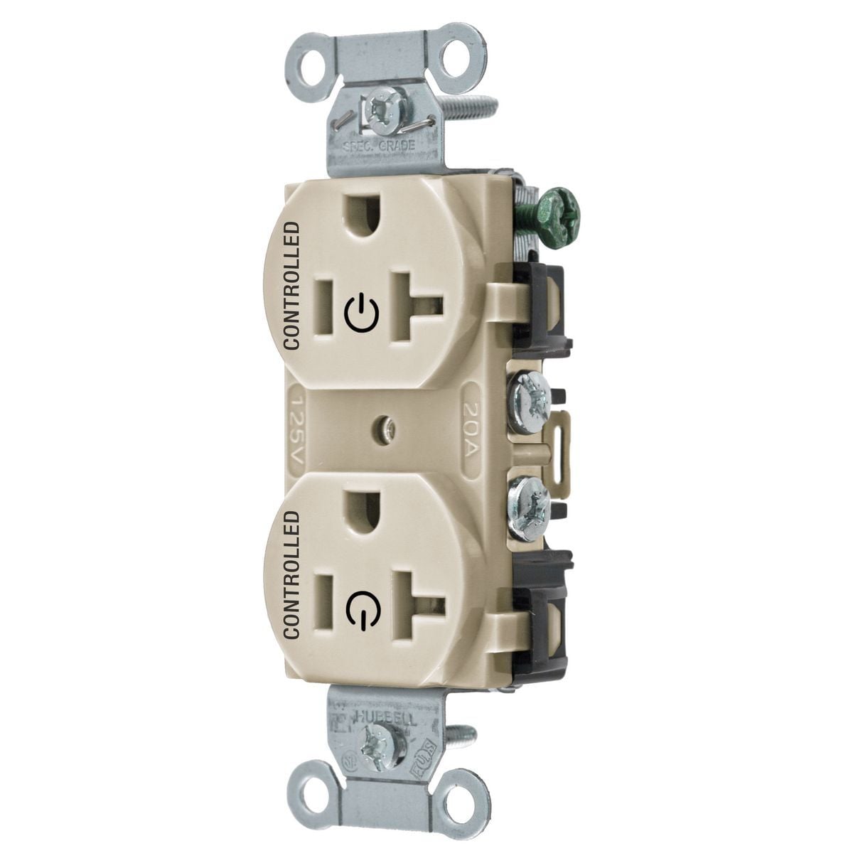 BR20C2LA 1-Phase Duplex 2-Controlled Face Standard Traditional Screw Mount Straight Blade Receptacle, 125 V AC, 20 A, 2 Poles, 3 Wires, Light Almond