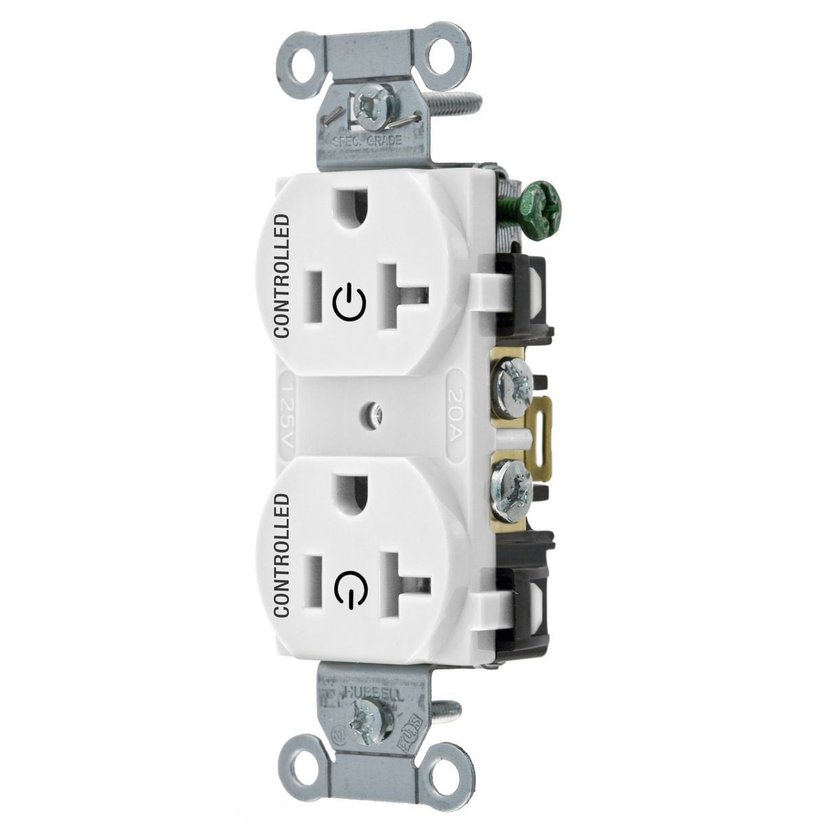 BR20C2WHI 1-Phase Duplex 2-Controlled Face Standard Traditional Screw Mount Straight Blade Receptacle, 125 V AC, 20 A, 2 Poles, 3 Wires, White
