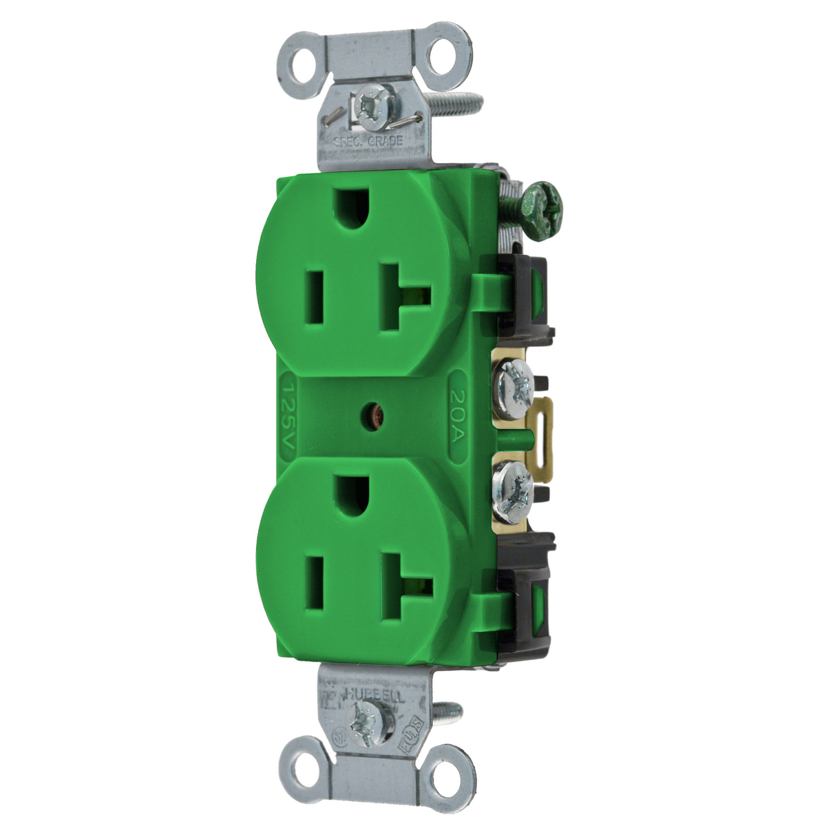 BR20GN 1-Phase Duplex Standard Screw Mount Straight Blade Receptacle, 125 VAC, 20 A, 2 Poles, 3 Wires, Green