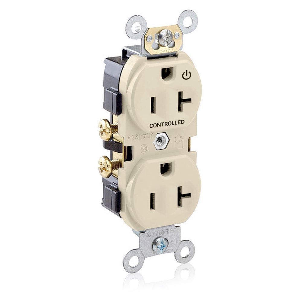 CR020-1PI Self Grounding Straight Blade Duplex Receptacle, 125 V AC, 20 A, 2 Poles, 3 Wires, Ivory