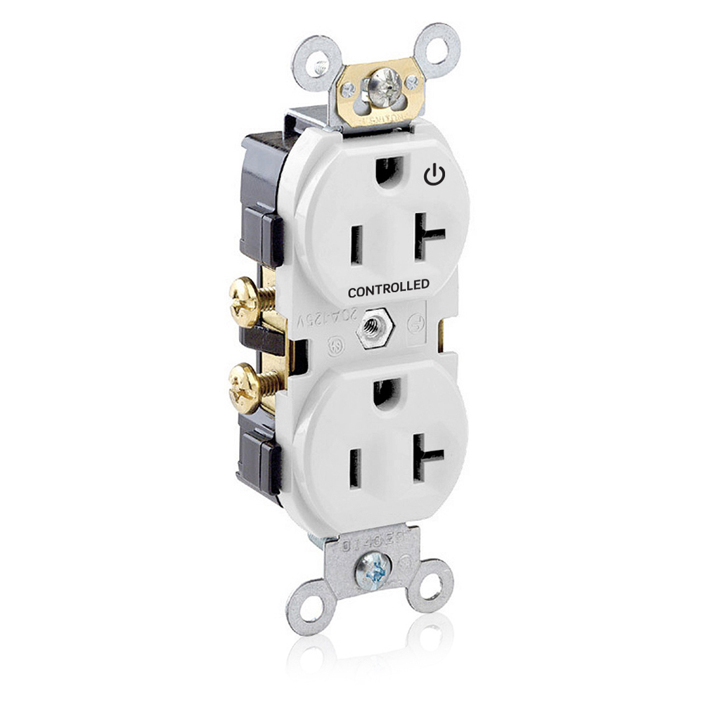 CR020-1PW Duplex Self-Grounding Straight Blade Receptacle With 1 Plug Controlled Markings, 125 V AC, 20 A, 2 Poles, 3 Wires, White