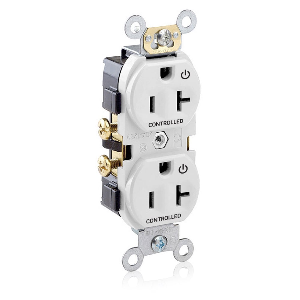 CR020-2PW Controlled Self-Grounding Straight Blade Duplex Receptacle, 125 V AC, 20 A, 2 Poles, 3 Wires, White