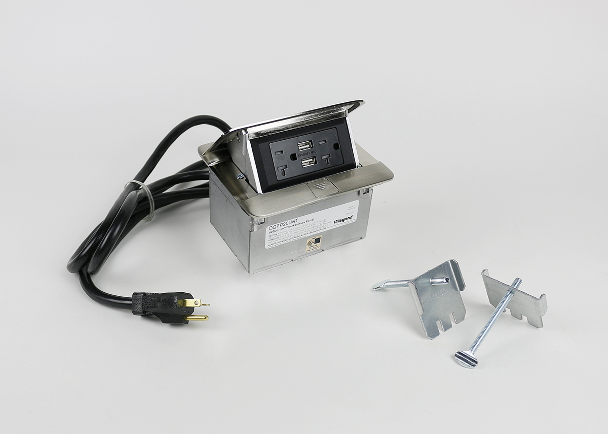 Dequorum; Flip-Up Table Box Series Single Flip-Up Unit With USB; 20 Amp, Steel, Brushed Stainless Steel