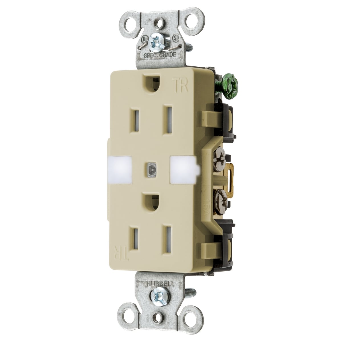 DR15NLIV 1-Phase Decorator Duplex Standard Tamper Resistant Screw Mount Night Receptacle, 125 V AC, 15 A, 2 Poles, 3 Wires, Ivory
