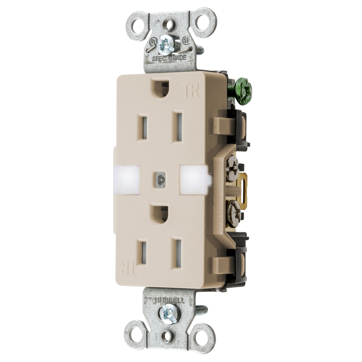 DR15NLLA 1-Phase Decorator Duplex Standard Screw Mount Tamper-Resistant Straight Blade Receptacle, 125 V AC, 15 A, 2 Poles, 3 Wires, Light Almond