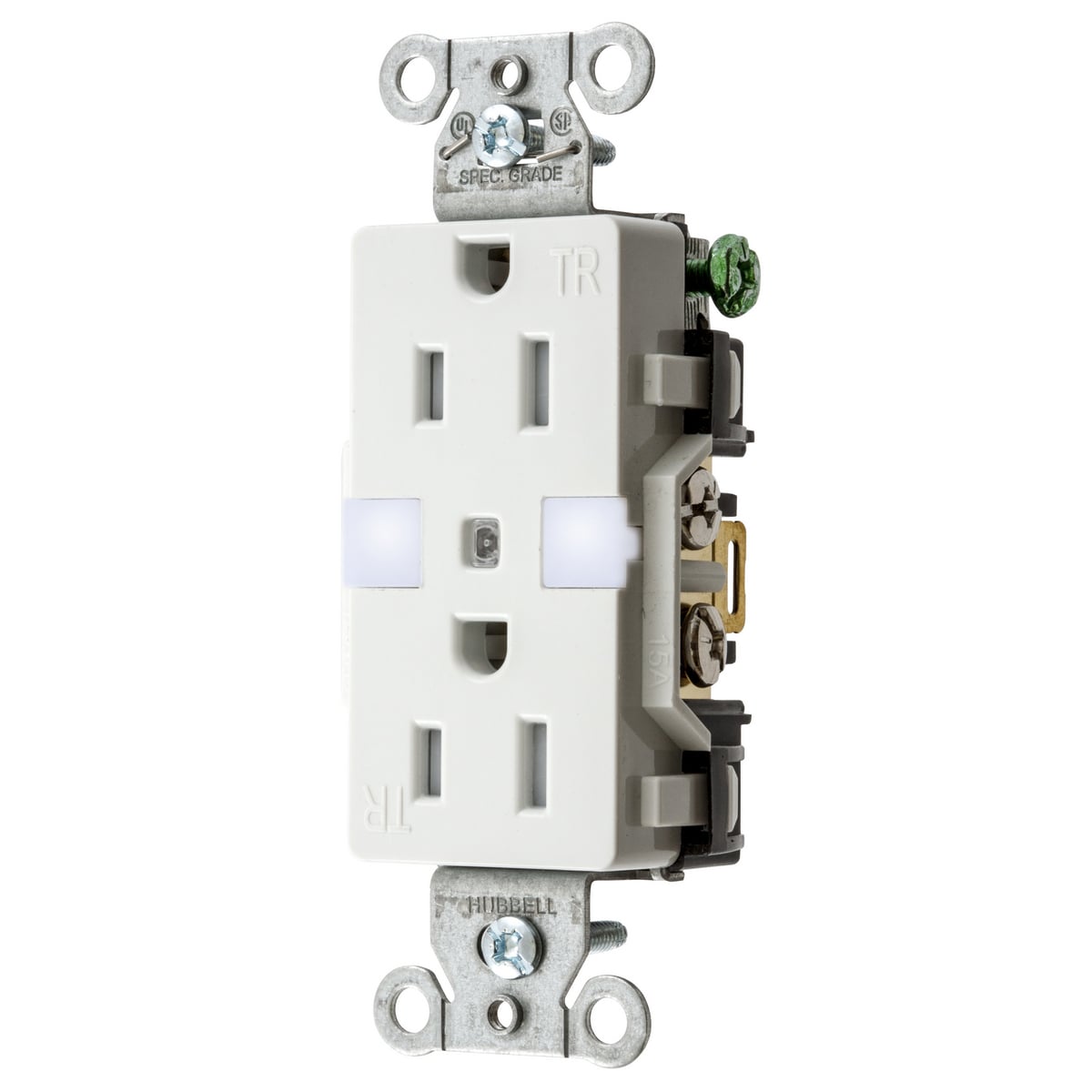 DR15NLWH 1-Phase Decorator Duplex Grounding Standard Tamper Resistant Screw Mount Night Receptacle, 125 V AC, 15 A, 2 Poles, 3 Wires, White