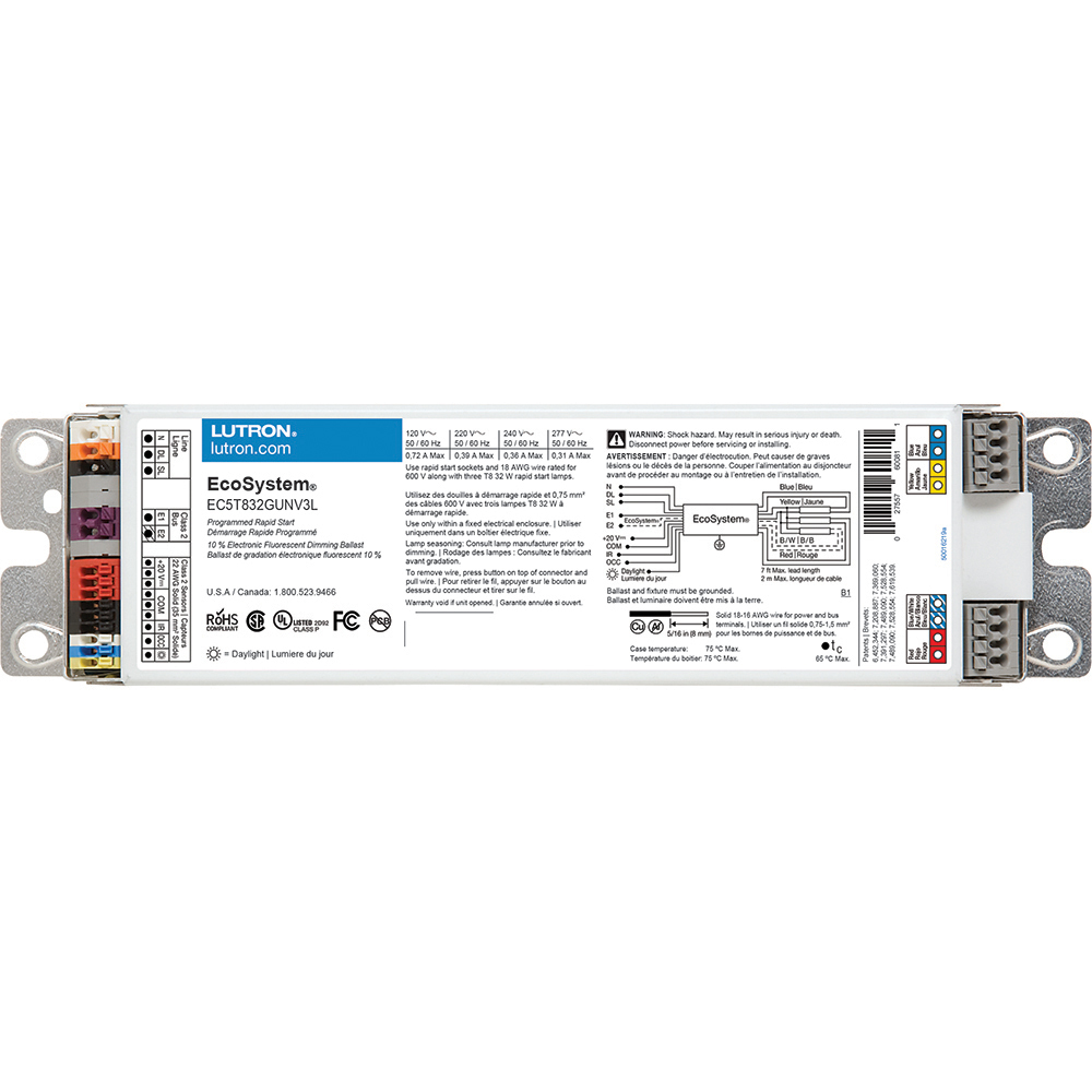 EC5T832GUNV3L EcoSystem 3-Wire 5-Control G-Type Case Universal Digital Dimming Ballast, T8 Lamp, 32 W Lamp, 120/240/277 VAC, Programmed/Rapid, 0.85 Ballast Factor
