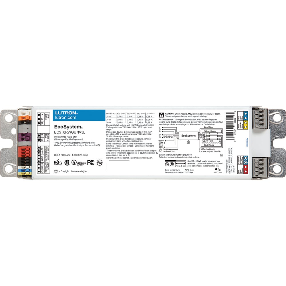 EC5T8RWGUNV3L EcoSystem Fluorescent Dimming Ballast, Programmed Rapid, High, T8 Linear and U-Bent, 3 Lamps, 50/60 Hz, 120/240/277V, 28/30W