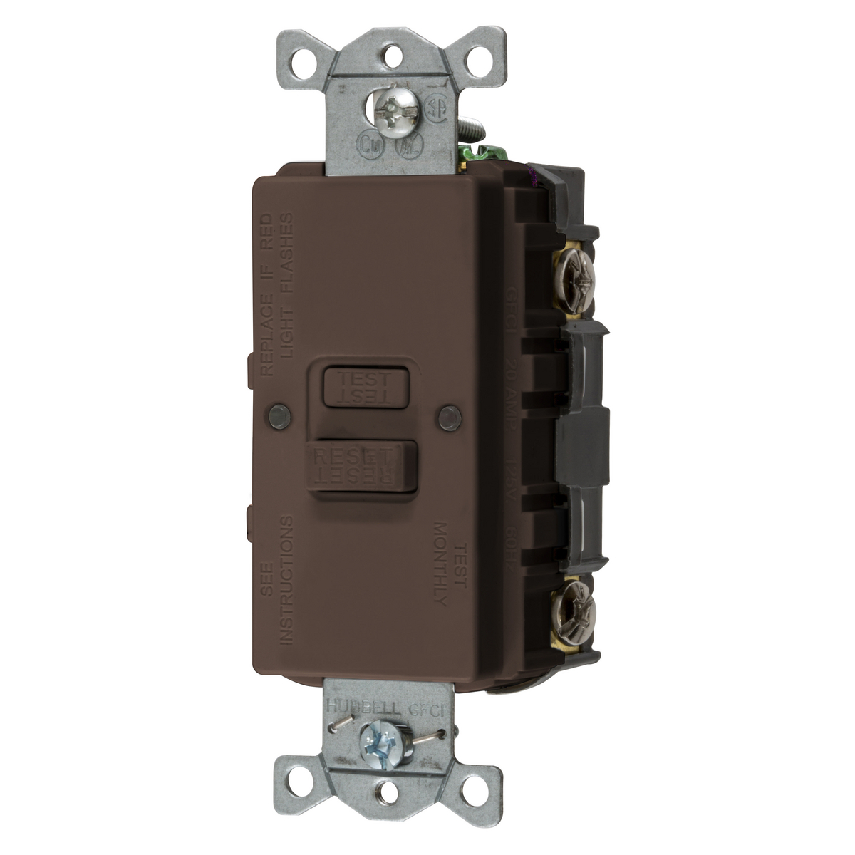 GFBFST20 1-Phase Blank Face Heavy Duty Standard Self Test Screw Mount GFCI Receptacle, 125 V AC, 20 A, 2 Poles, 3 Wires, Brown