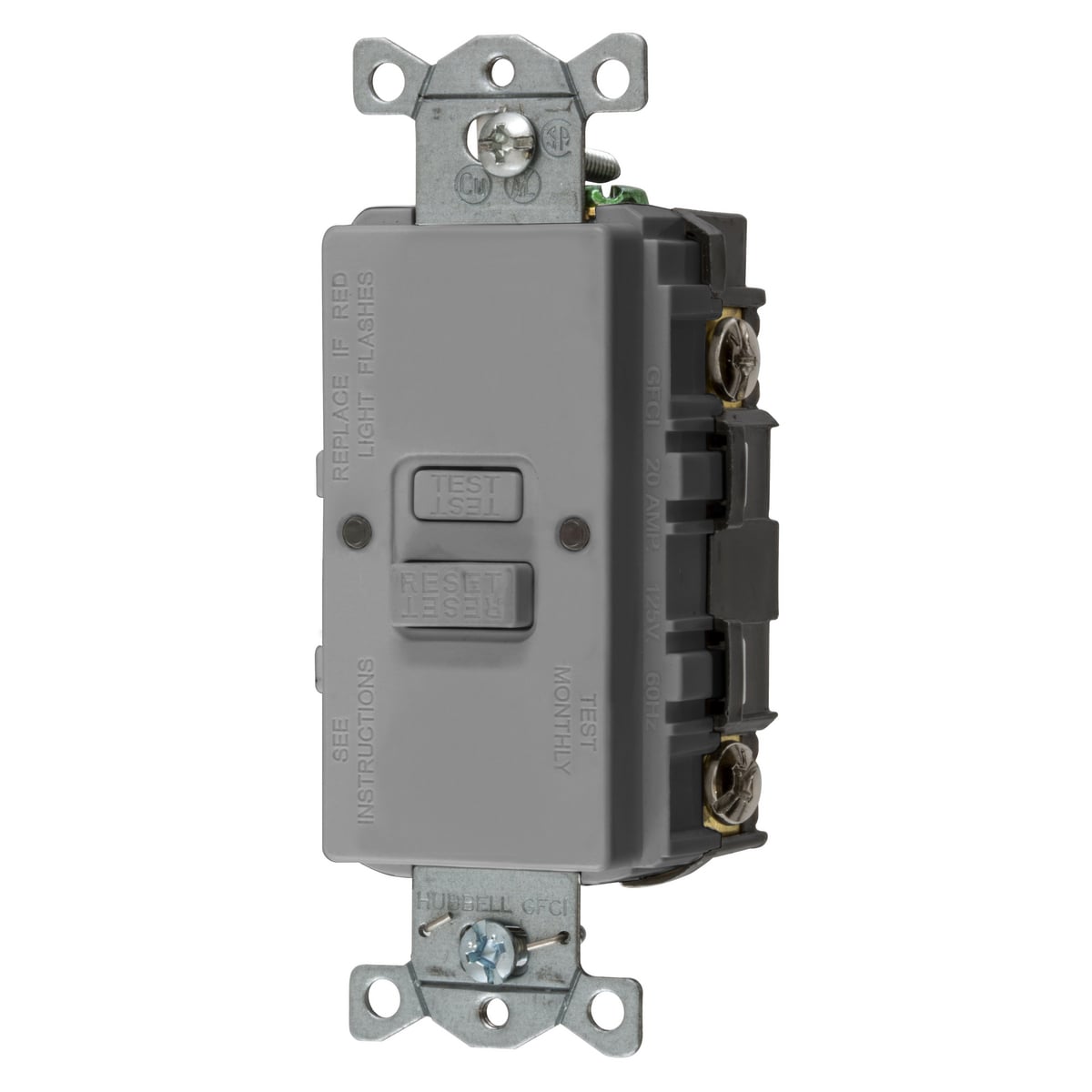 GFBFST20GY 1-Phase Blank Face Heavy Duty Standard Self Test Screw Mount GFCI Receptacle, 125 V AC, 20 A, 2 Poles, 3 Wires, Gray