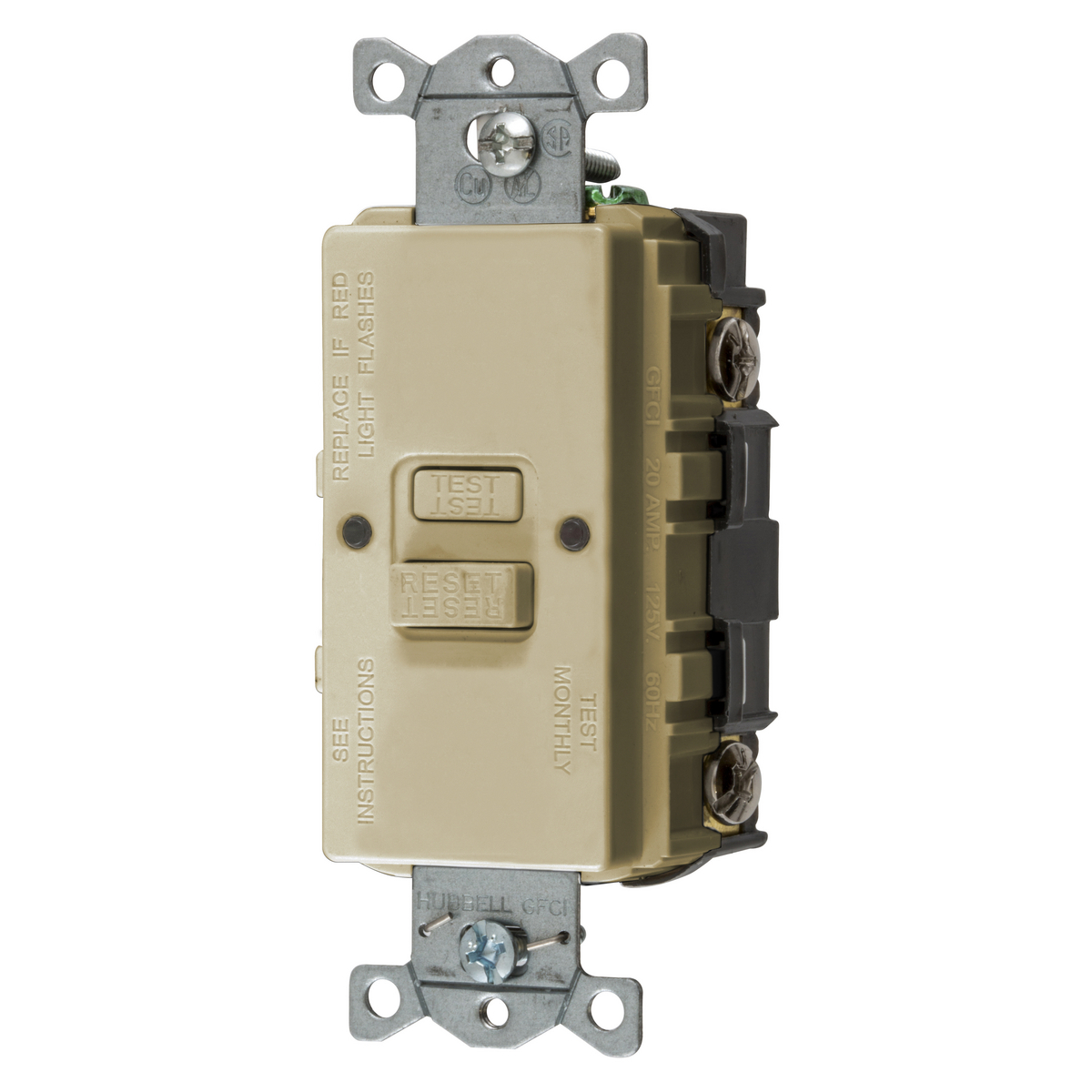 GFBFST20I 1-Phase Blank Face Heavy Duty Standard Self Test Screw Mount GFCI Receptacle, 125 V AC, 20 A, 2 Poles, 3 Wires, Ivory
