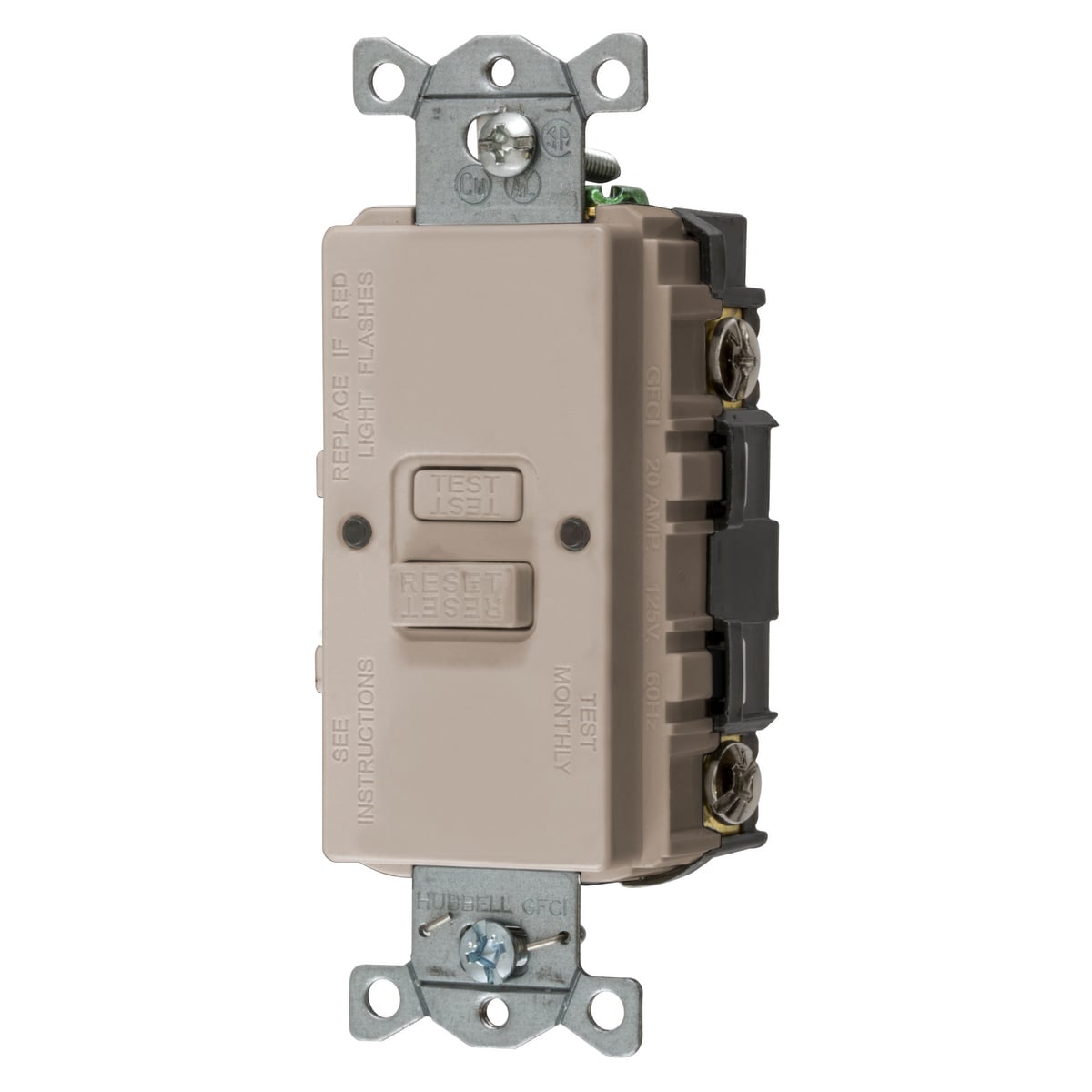 GFBFST20LA 1-Phase Blank Face Heavy Duty Standard Self Test Screw Mount GFCI Receptacle, 125 V AC, 20 A, 2 Poles, 3 Wires, Light Almond