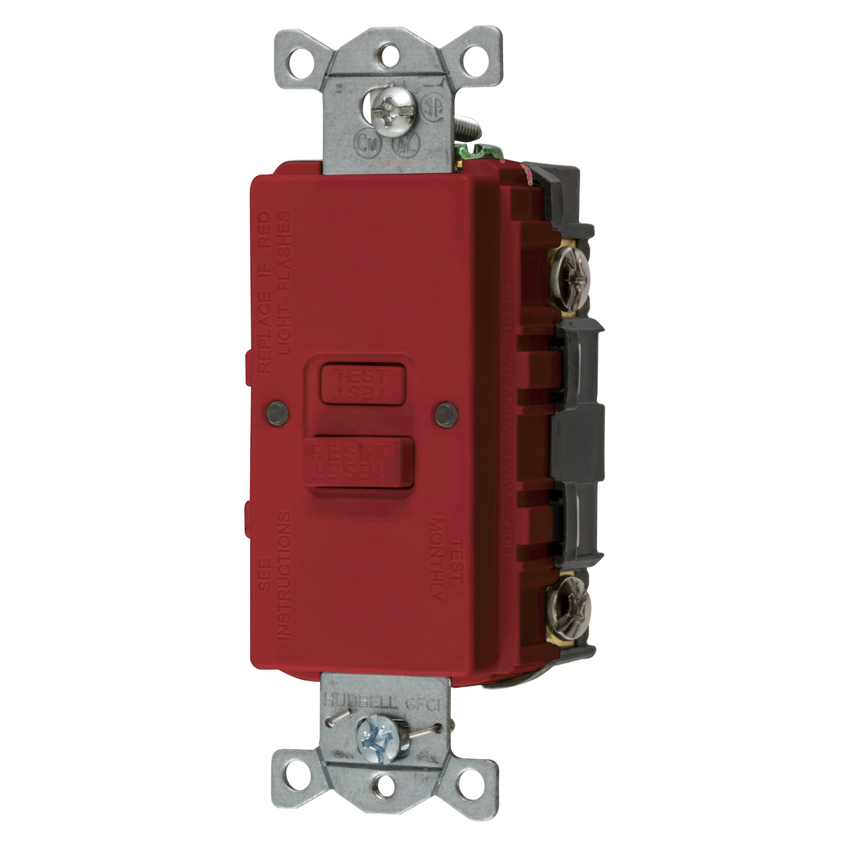 GFBFST20R 1-Phase Blank Face Heavy Duty Standard Self Test Screw Mount GFCI Receptacle, 125 V AC, 20 A, 2 Poles, 3 Wires, Red