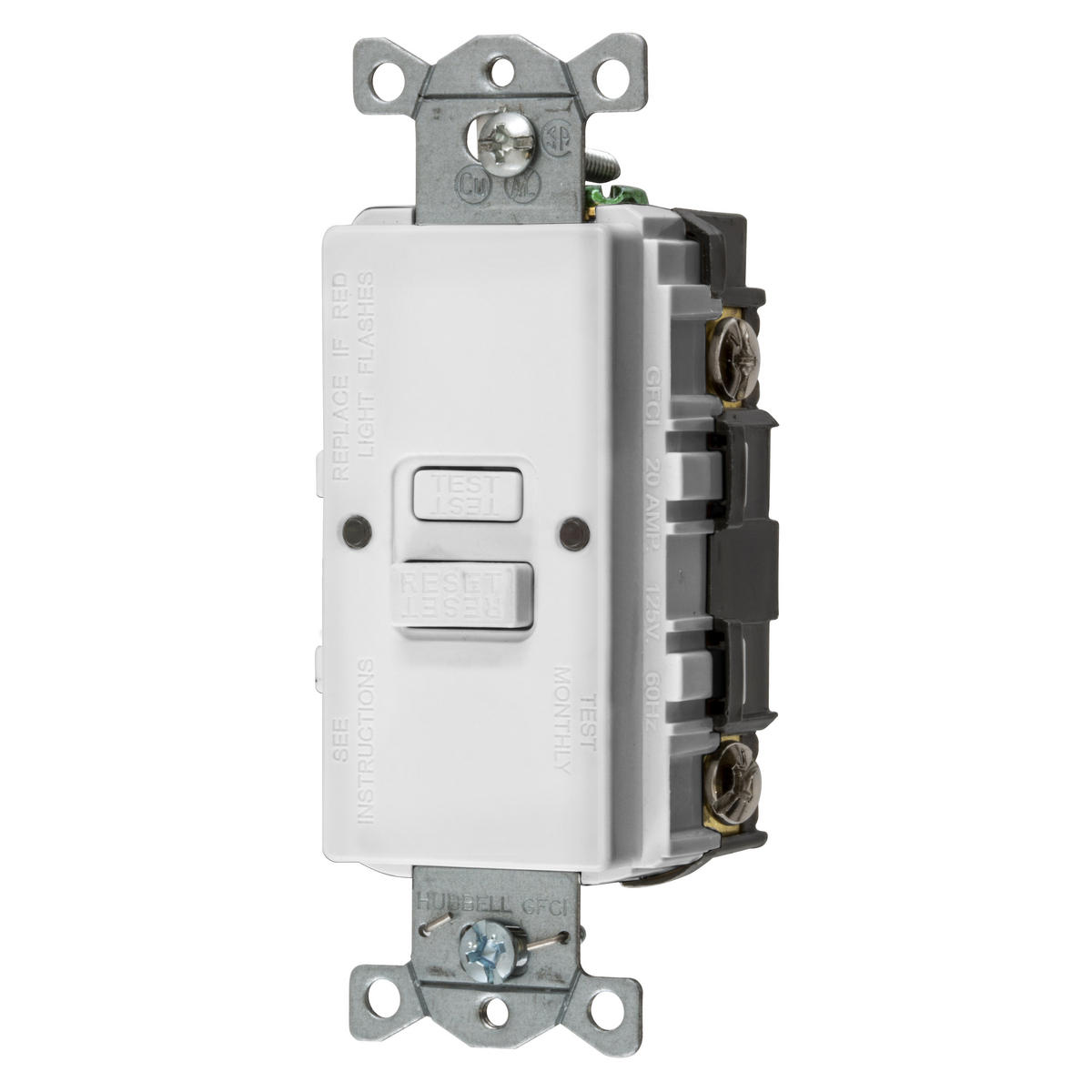 GFBFST20W 1-Phase Blank Face Heavy Duty Standard Self Test Screw Mount GFCI Receptacle, 125 V AC, 20 A, 2 Poles, 3 Wires, White