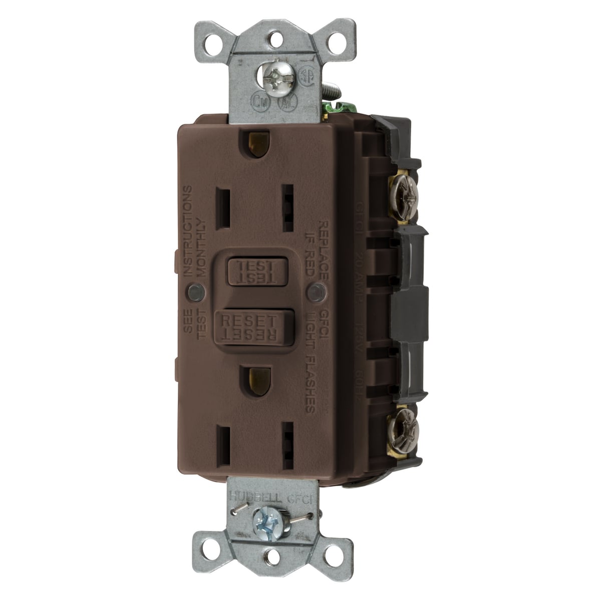 GFRST15 1-Phase Grounding Self-Test Screw Mount GFCI Receptacle With Auto Grounding, 125 VAC, 15 A, 2 Poles, 3 Wires, Brown