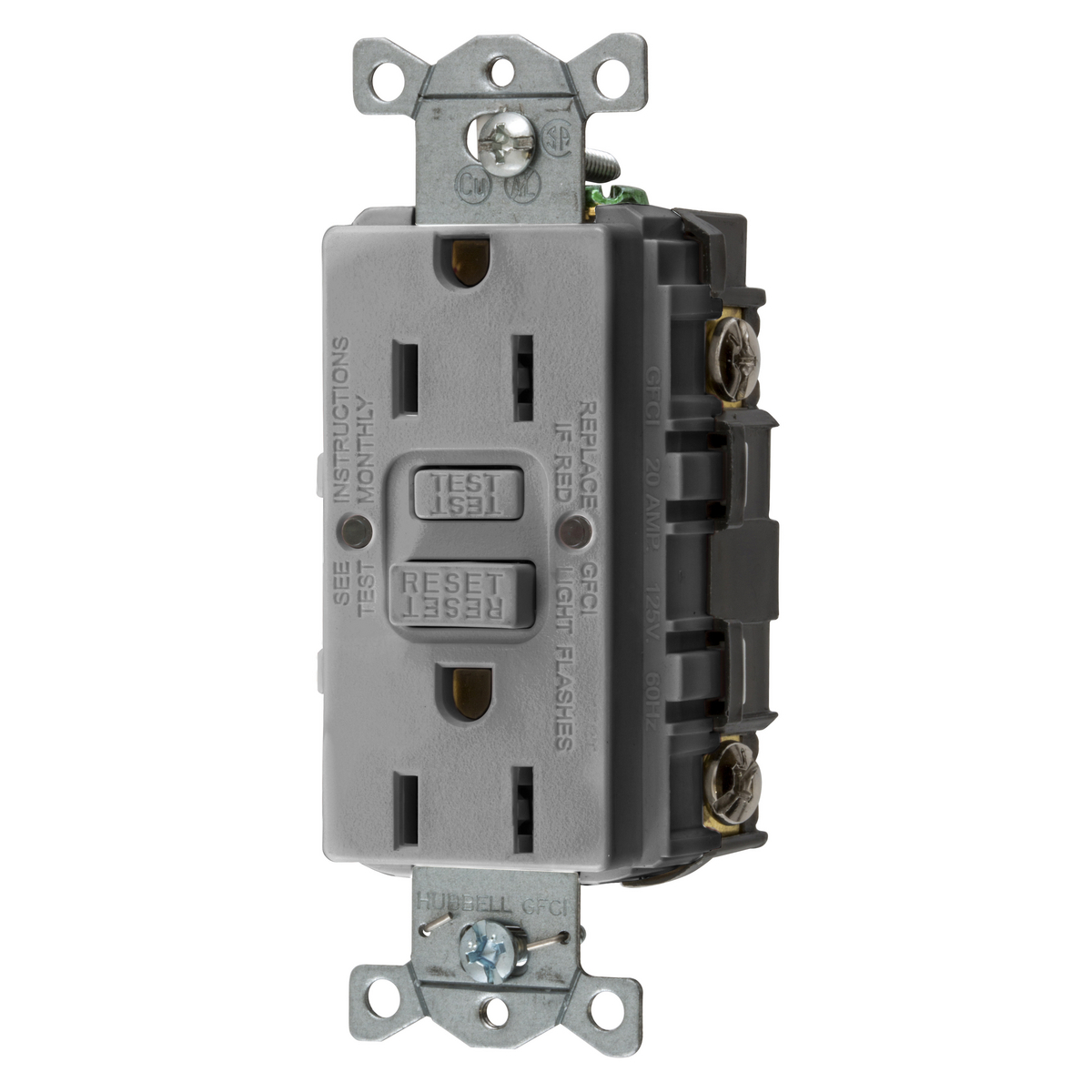 GFRST15GY 1-Phase Grounding Self-Test Screw Mount GFCI Receptacle With Auto Grounding, 125 VAC, 15 A, 2 Poles, 3 Wires, Gray