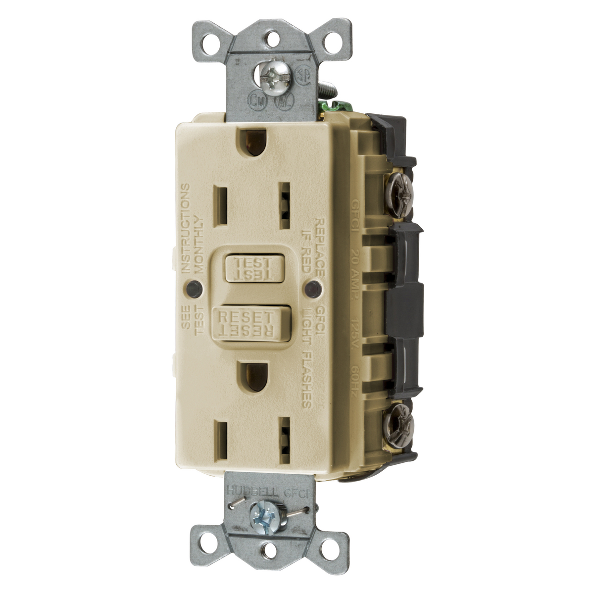 GFRST15I 1-Phase Grounding Self-Test Screw Mount GFCI Receptacle With Auto Grounding, 125 VAC, 15 A, 2 Poles, 3 Wires, Ivory