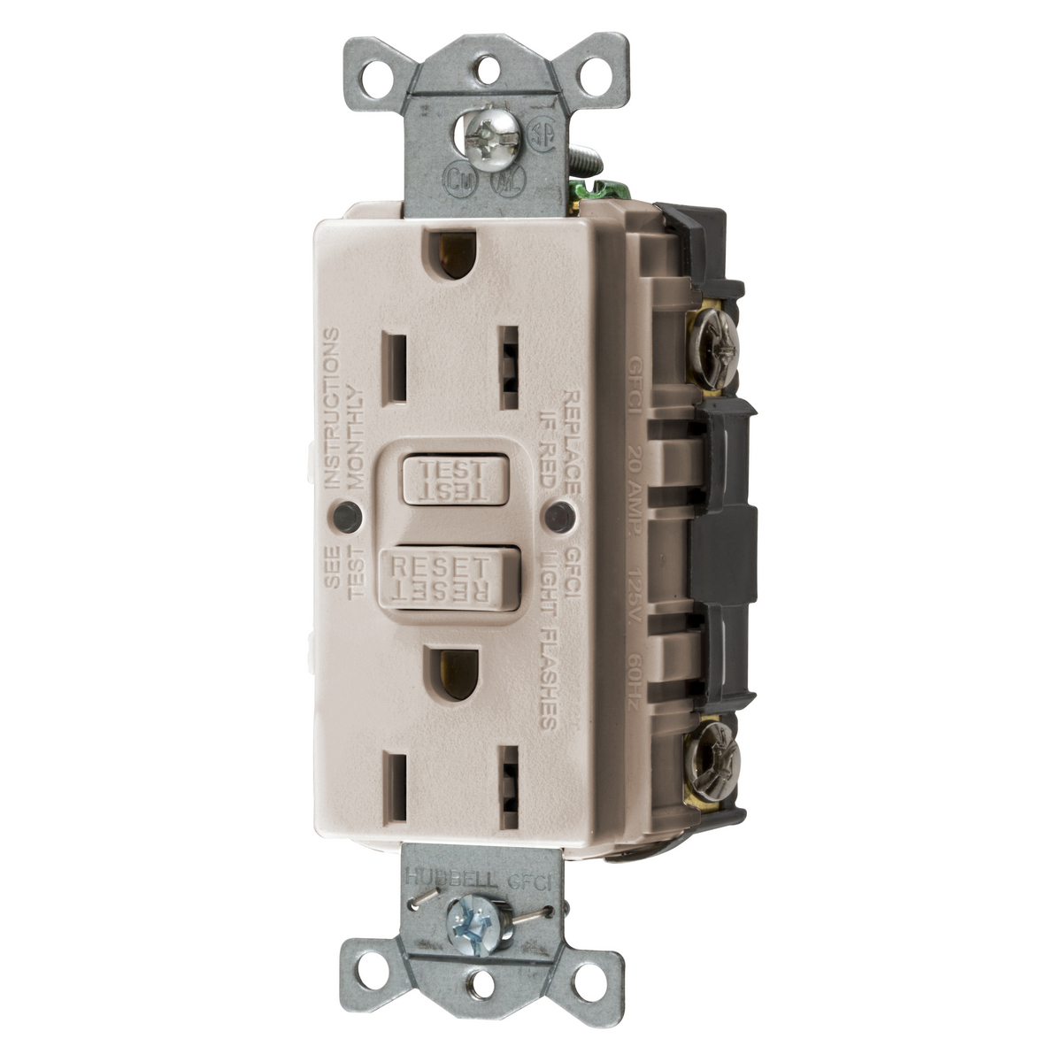 GFRST15LA 1-Phase Decorator Duplex Self-Test Screw Mount GFCI Receptacle, 125 VAC, 15 A, 2 Poles, 3 Wires, Light Almond