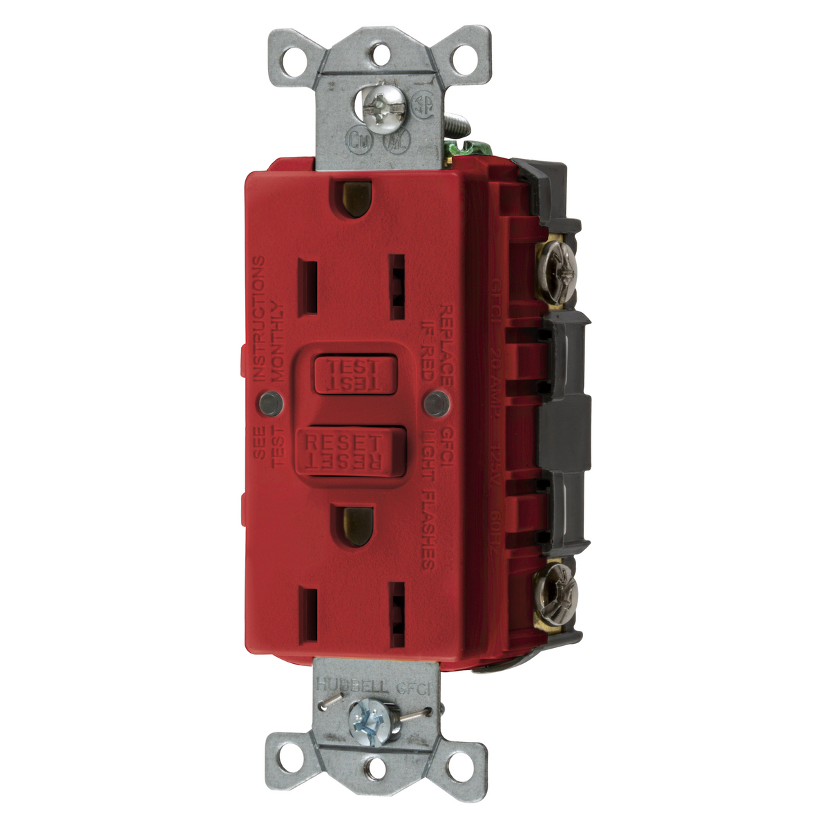 GFRST15R 1-Phase Decorator Duplex Heavy Duty Standard Self-Test Screw Mount GFCI Receptacle, 125 VAC, 15 A, 2 Poles, 3 Wires, Red