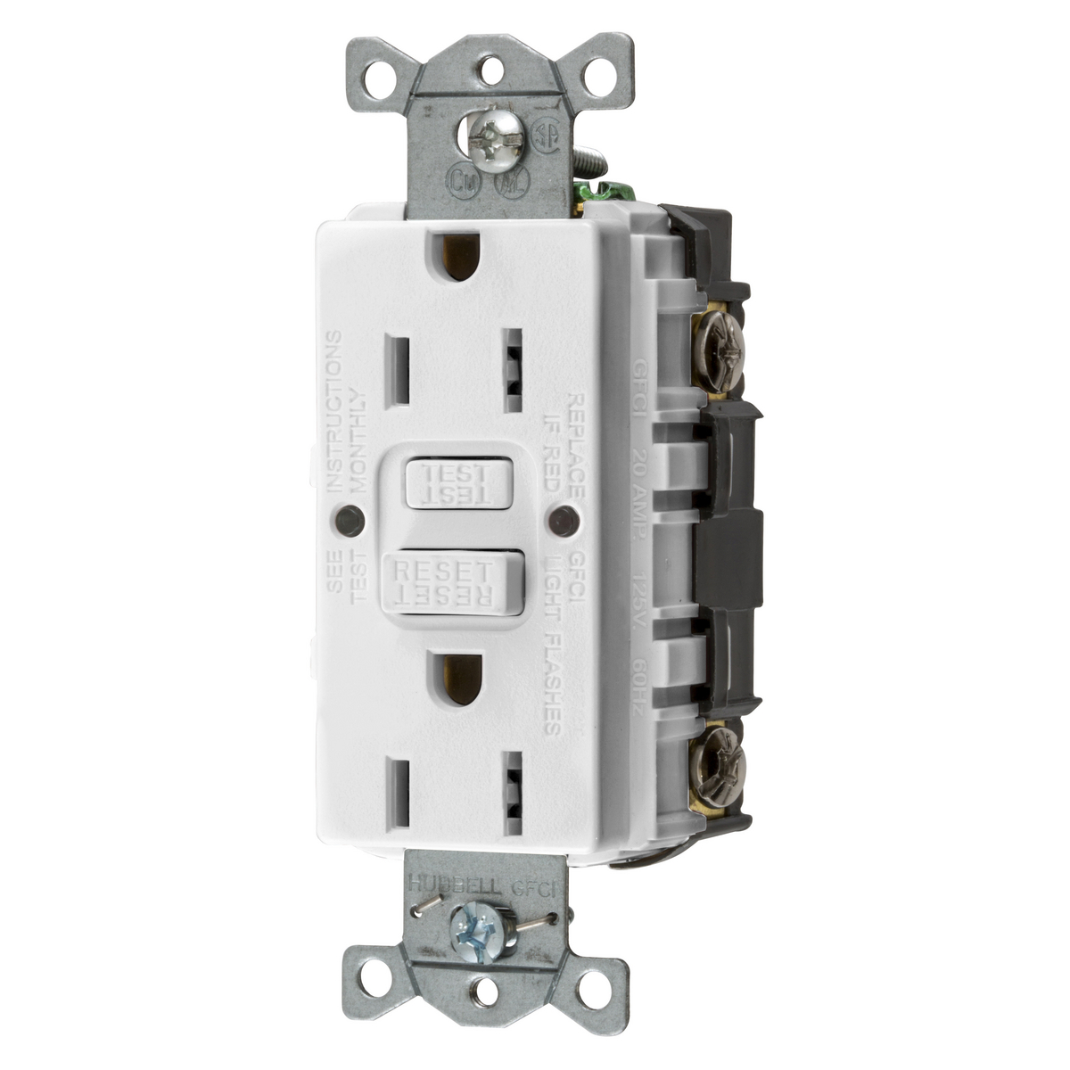 GFRST15W 1-Phase Grounding Self-Test Screw Mount GFCI Receptacle, 125 VAC, 15 A, 2 Poles, 3 Wires, White