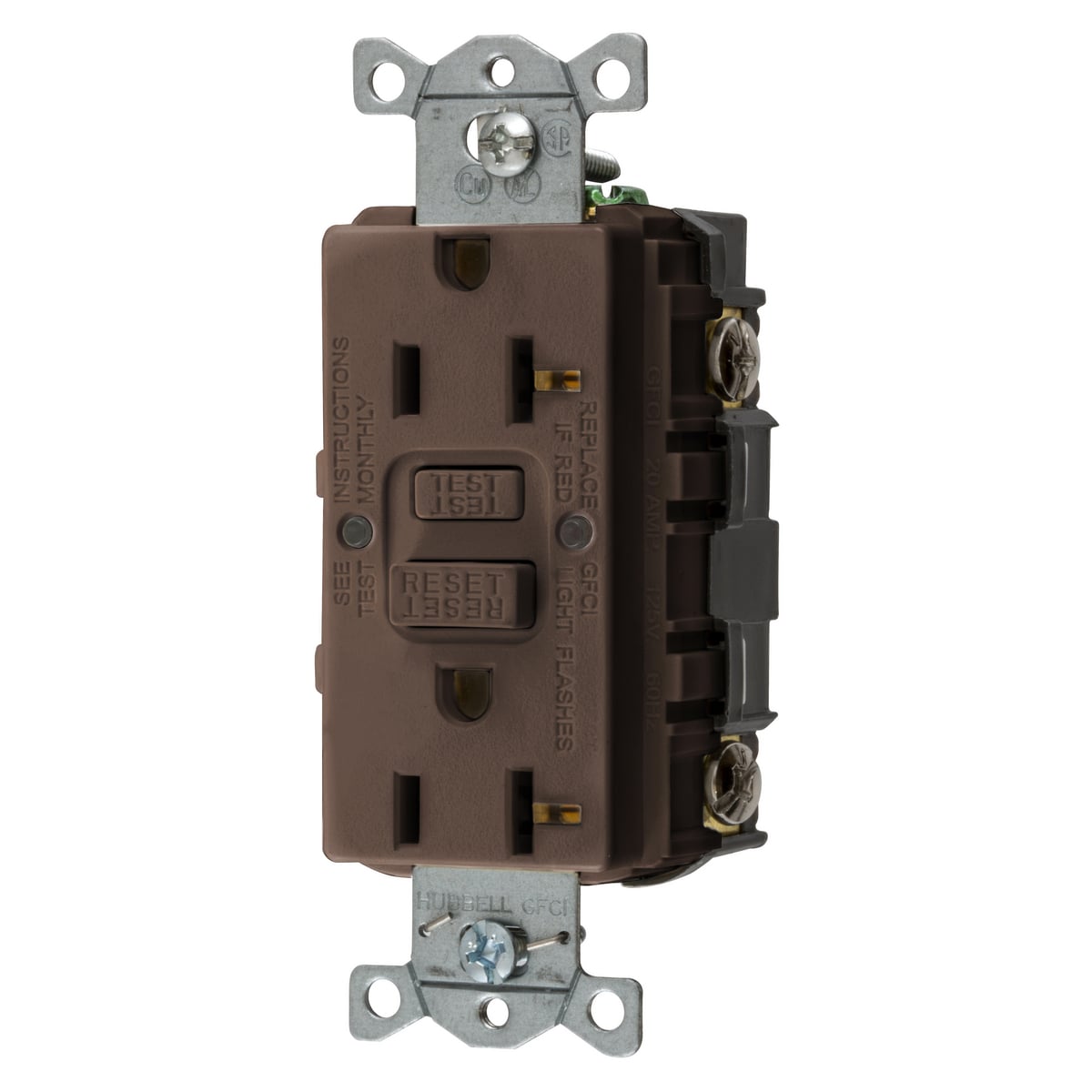 GFRST20 1-Phase Decorator Duplex Self-Test Screw Mount GFCI Receptacle, 125 VAC, 20 A, 2 Poles, 3 Wires, Brown