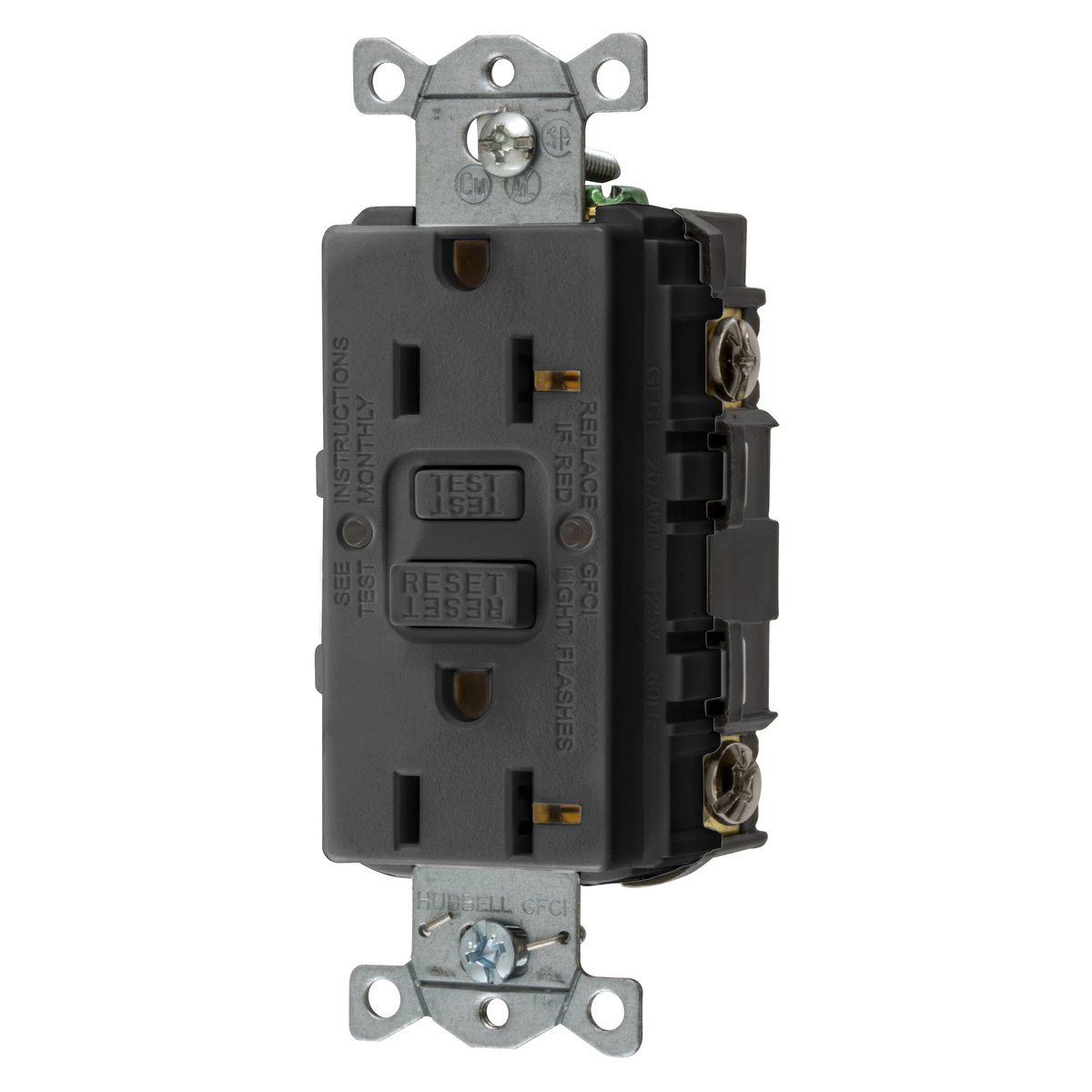 GFRST20BK 1-Phase Decorator Duplex Self-Test Screw Mount GFCI Receptacle, 125 VAC, 20 A, 2 Poles, 3 Wires, Black