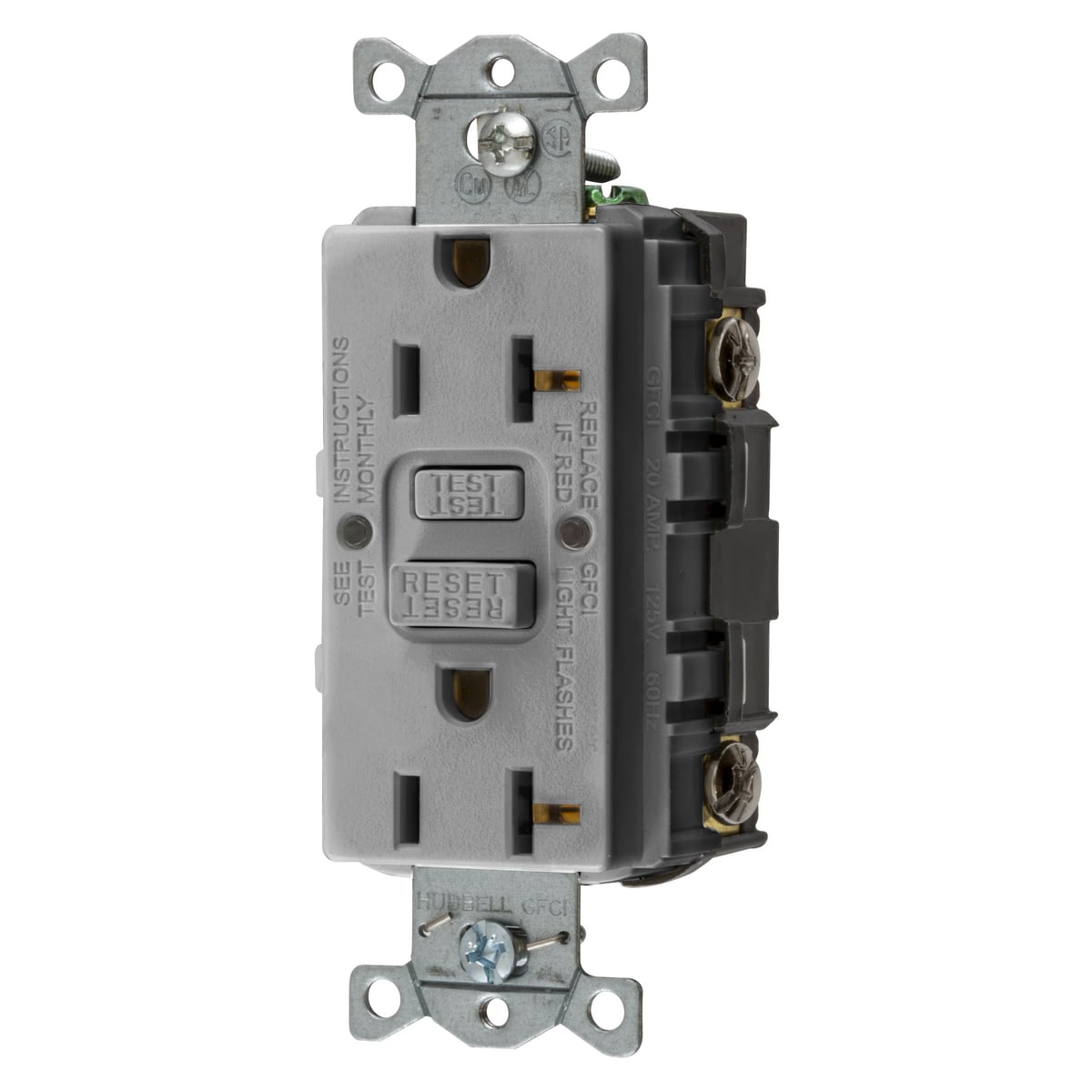 GFRST20GY 1-Phase Decorator Duplex Self-Test Screw Mount GFCI Receptacle, 125 VAC, 20 A, 2 Poles, 3 Wires, Gray