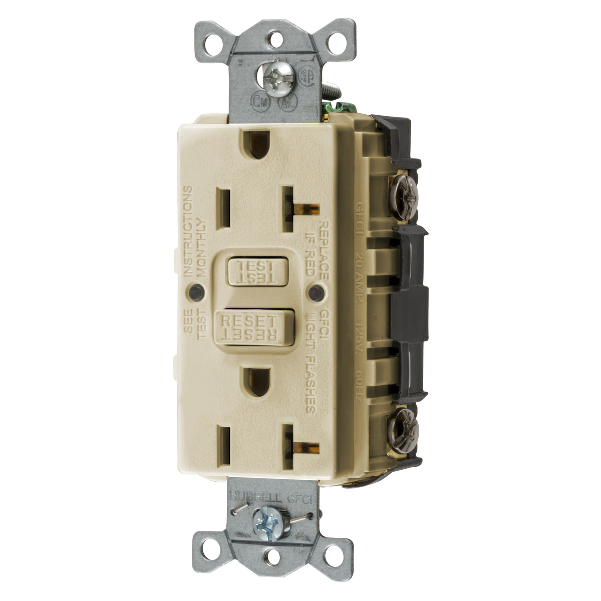 GFRST20I 1-Phase Decorator Duplex Self-Test Screw Mount GFCI Receptacle, 125 V AC, 20 A, 2 Poles, 3 Wires, Ivory