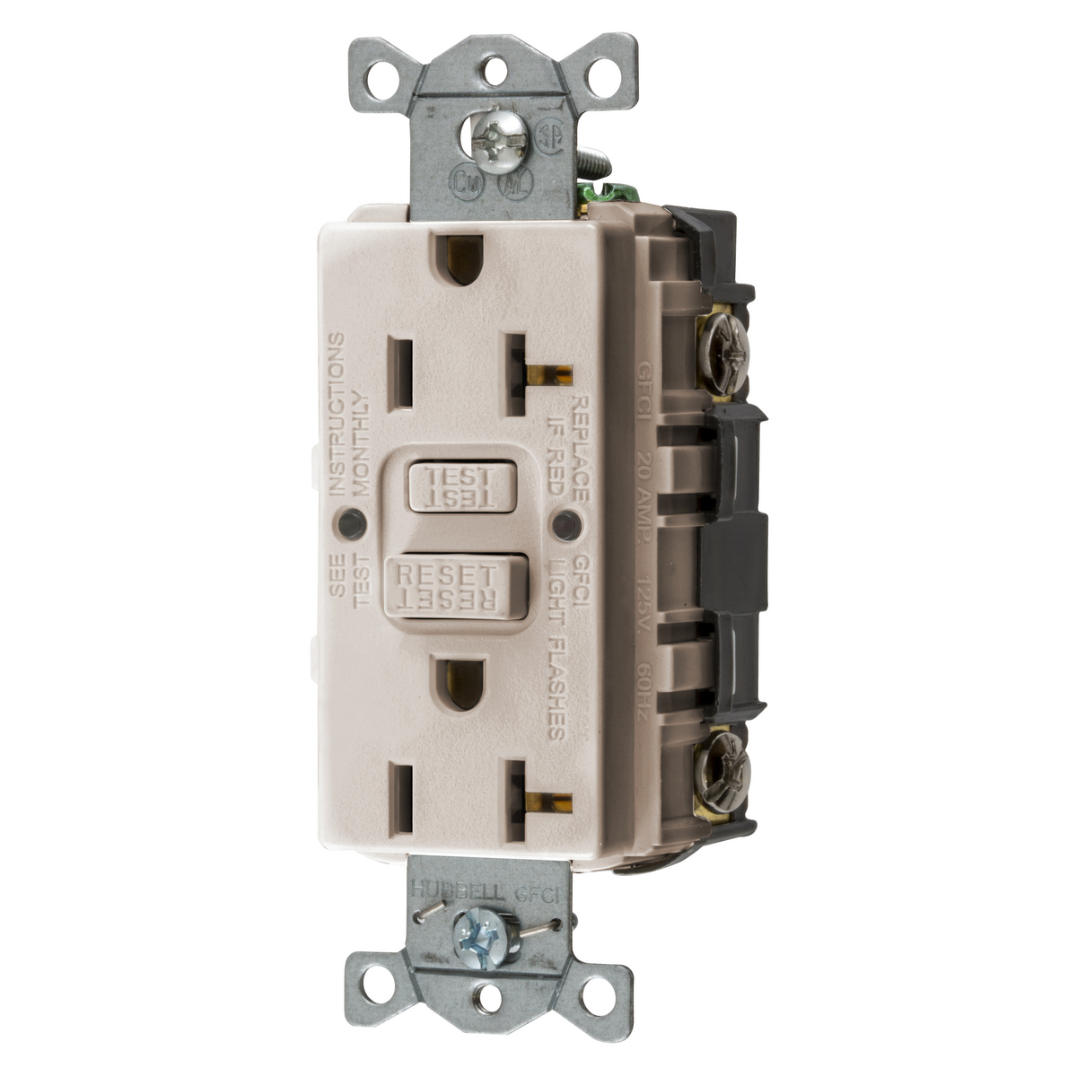 GFRST20LA 1-Phase Decorator Duplex Self-Test Screw Mount GFCI Receptacle, 125 VAC, 20 A, 2 Poles, 3 Wires, Light Almond