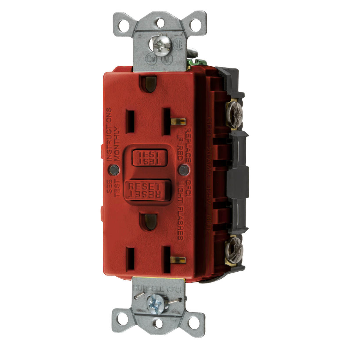 GFRST20R 1-Phase Decorator Duplex Self-Test Screw Mount GFCI Receptacle, 125 VAC, 20 A, 2 Poles, 3 Wires, Red