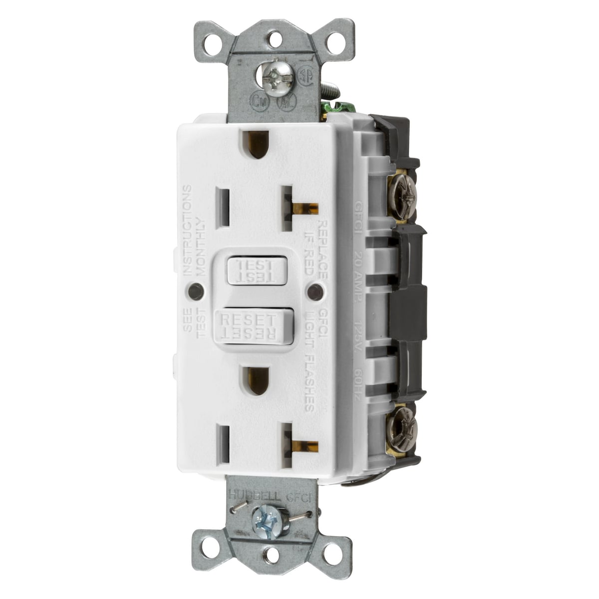 GFRST20W 1-Phase Decorator Duplex Grounding Heavy Duty Standard Self-Test Screw Mount GFCI Receptacle, 125 VAC, 20 A, 2 Poles, 3 Wires, White