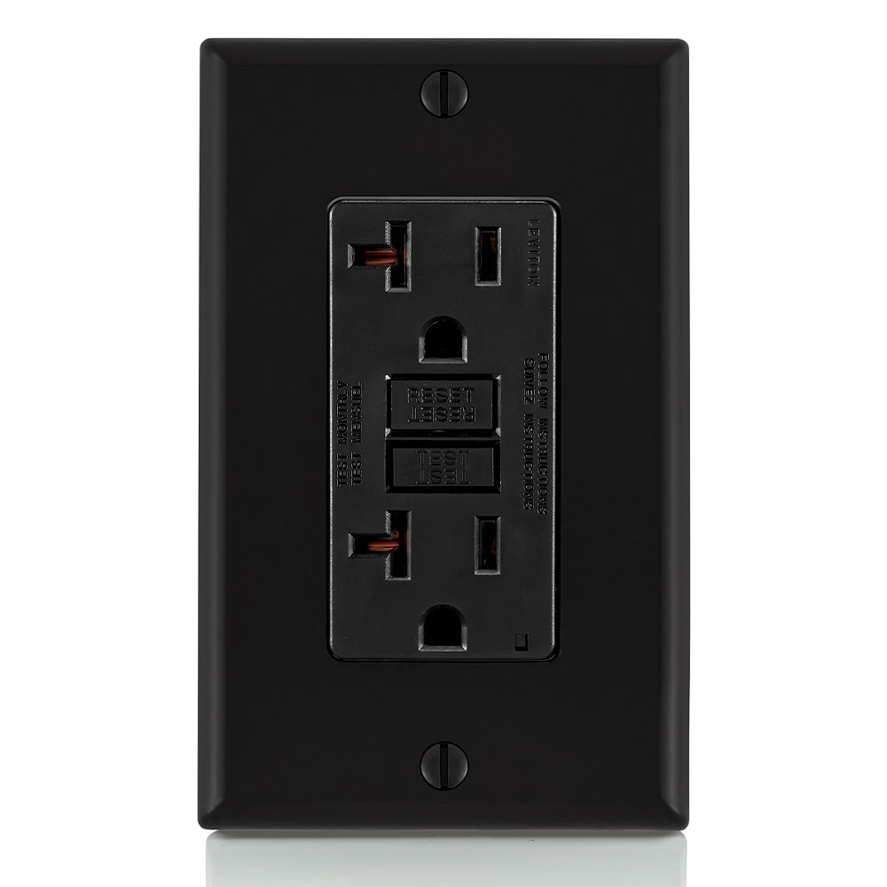 GFTR2-E Duplex Feed Through Self-Test Slim Standard Tamper Resistant GFCI Receptacle With LED Indicator Light, Black Test, Reset Button, 125 V AC, 20 A, 2 Poles, 3 Wires, Black