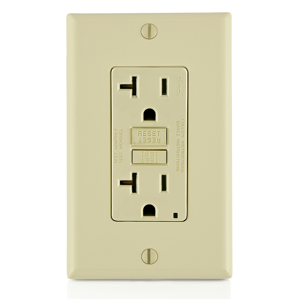GFTR2-I Duplex Feed Through Self-Test Slim Standard Tamper Resistant GFCI Receptacle With LED Indicator Light, Test, Reset Button, 125 V AC, 20 A, 2 Poles, 3 Wires, Ivory