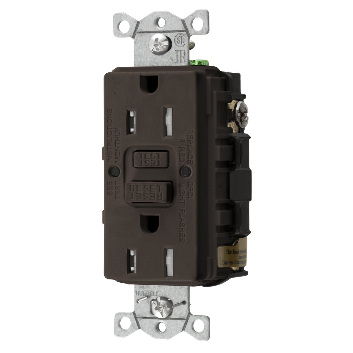 GFTRST15 1-Phase Decorator Duplex Heavy Duty Self-Test Standard Screw Mount GFCI Receptacle, 125 VAC, 15 A, 2 Poles, 3 Wires, Brown