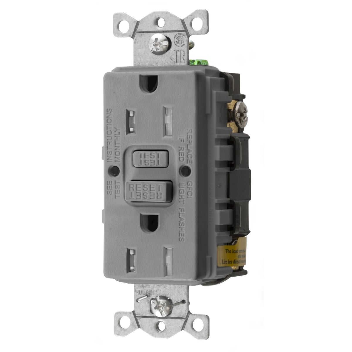 GFTRST15GY 1-Phase Decorator Duplex Heavy Duty Self-Test Standard Screw Mount GFCI Receptacle, 125 VAC, 15 A, 2 Poles, 3 Wires, Gray