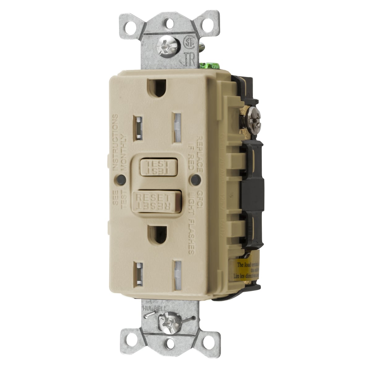 GFTRST15I 1-Phase Decorator Duplex Heavy Duty Self-Test Standard Screw Mount GFCI Receptacle, 125 VAC, 15 A, 2 Poles, 3 Wires, Ivory