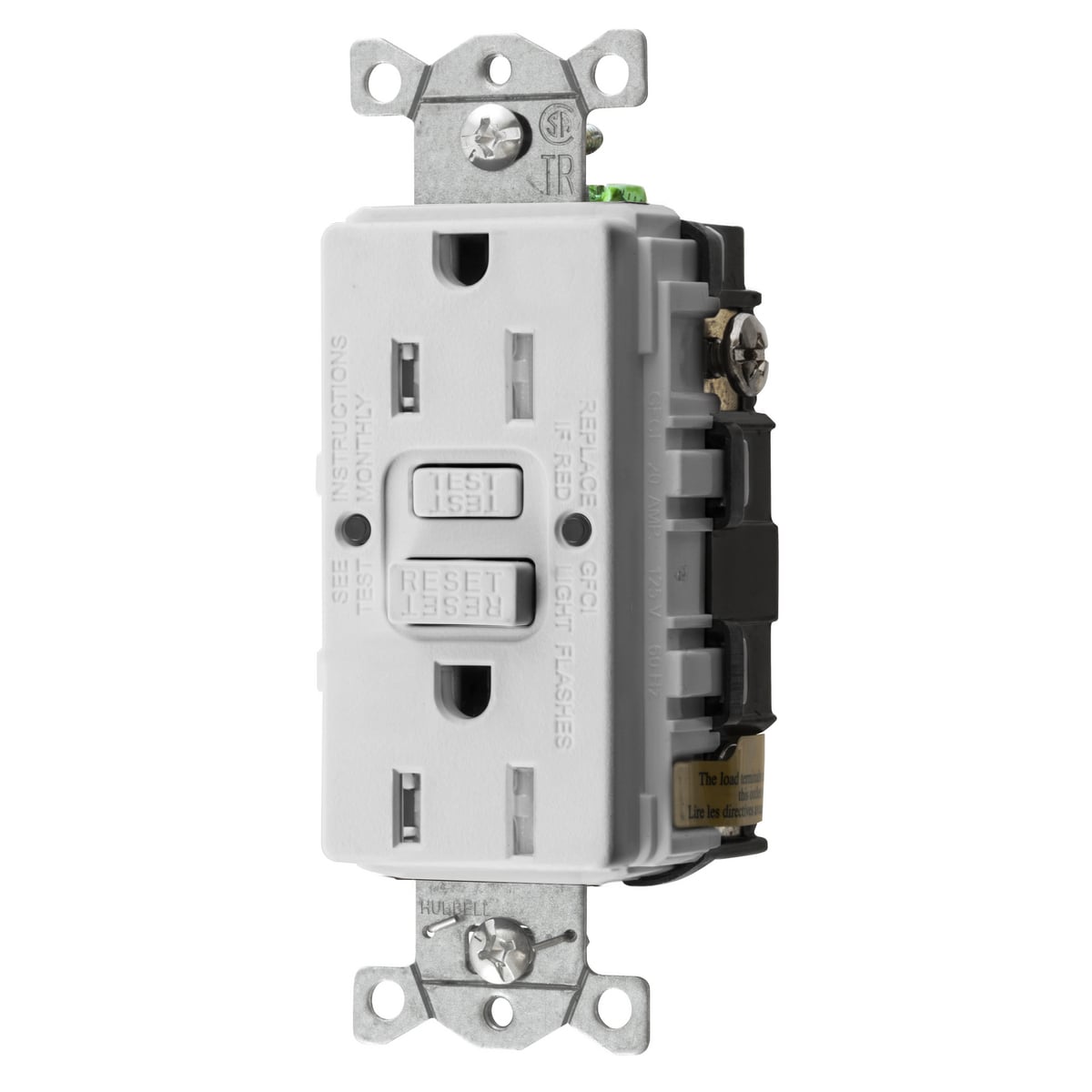 GFTRST15W 1-Phase Decorator Duplex Heavy Duty Self-Test Standard Screw Mount GFCI Receptacle, 125 VAC, 15 A, 2 Poles, 3 Wires, White