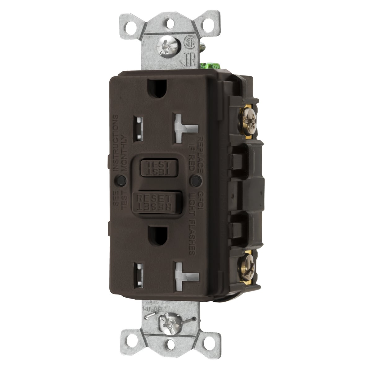 GFTRST20 1-Phase Decorator Duplex Heavy Duty Self-Test Standard Screw Mount GFCI Receptacle, 125 VAC, 20 A, 2 Poles, 3 Wires, Brown