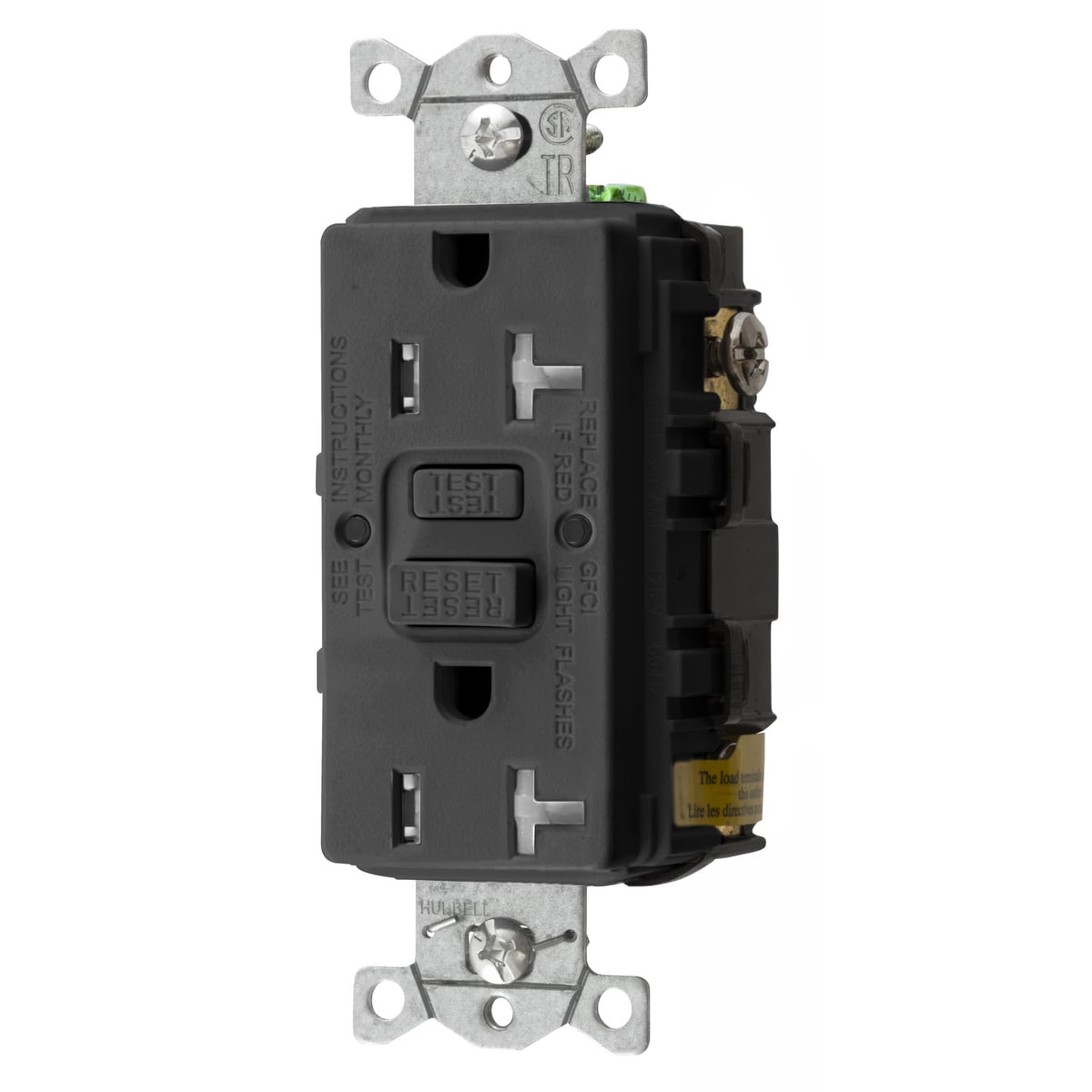 GFTRST20BK 1-Phase Decorator Duplex Heavy Duty Self-Test Standard Screw Mount GFCI Receptacle, 125 VAC, 20 A, 2 Poles, 3 Wires, Black
