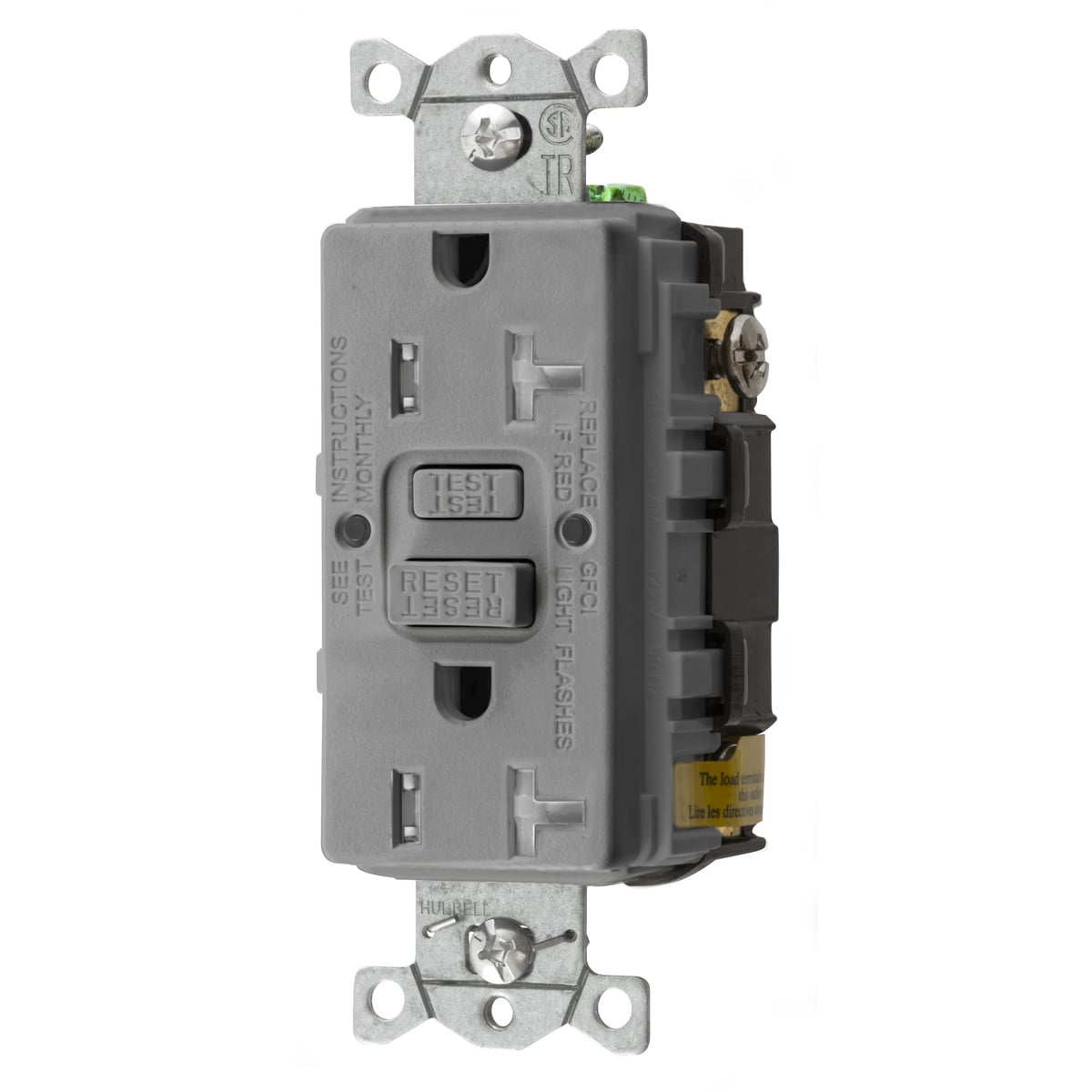 GFTRST20GY 1-Phase Decorator Duplex Heavy Duty Self-Test Standard Screw Mount GFCI Receptacle, 125 VAC, 20 A, 2 Poles, 3 Wires, Gray