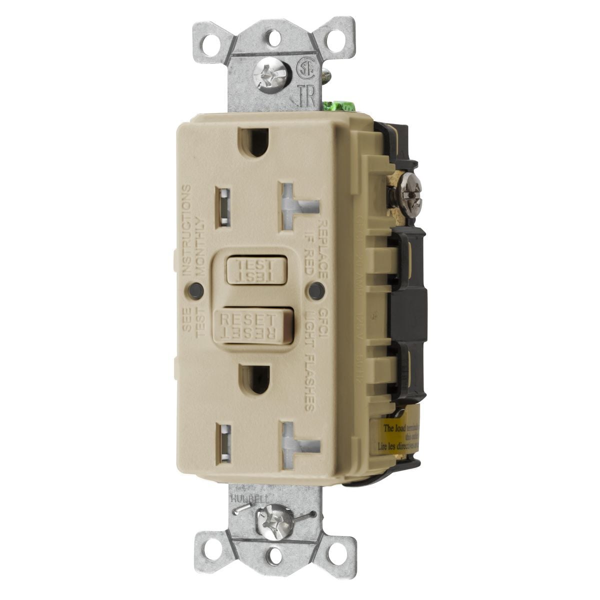 GFTRST20I 1-Phase Decorator Duplex Heavy Duty Self-Test Standard Screw Mount GFCI Receptacle, 125 VAC, 20 A, 2 Poles, 3 Wires, Ivory