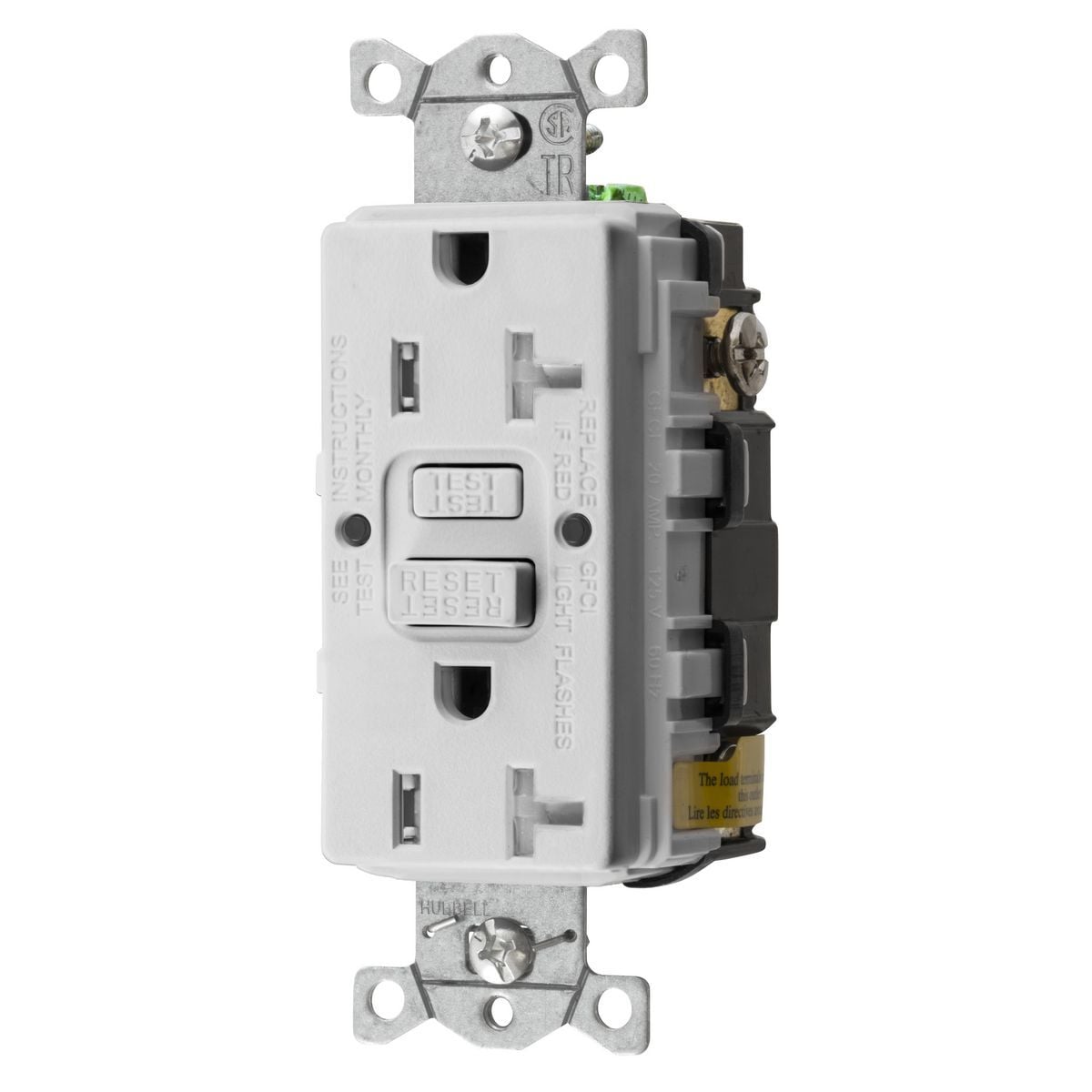 GFTRST20W 1-Phase Decorator Duplex Heavy Duty Self-Test Standard Screw Mount GFCI Receptacle, 125 VAC, 20 A, 2 Poles, 3 Wires, White