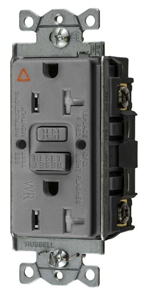 GFTWRST20GYIG 1-Phase Decorator Duplex Heavy Duty Standard Self-Test Isolated Ground Tamper/Weather Resistant Screw Mount GFCI Receptacle, 125 VAC, 20 A, 2 Poles, 3 Wires, Gray