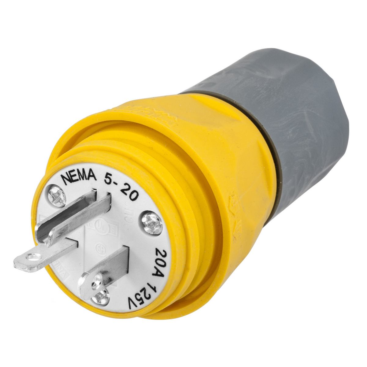 HBL14W33A 1-Phase Grounding Male Watertight Cord Mount Straight Blade Plug, 125 V AC, 20 A, 2 Poles, 3 Wires, Yellow
