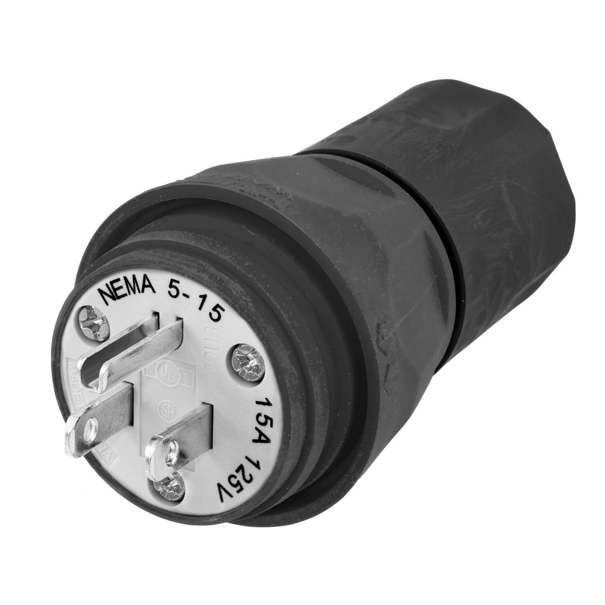 HBL14W47BK 1-Phase Grounding Male Watertight Cord Mount Straight Blade Plug, 125 V AC, 15 A, 2 Poles, 3 Wires, Black