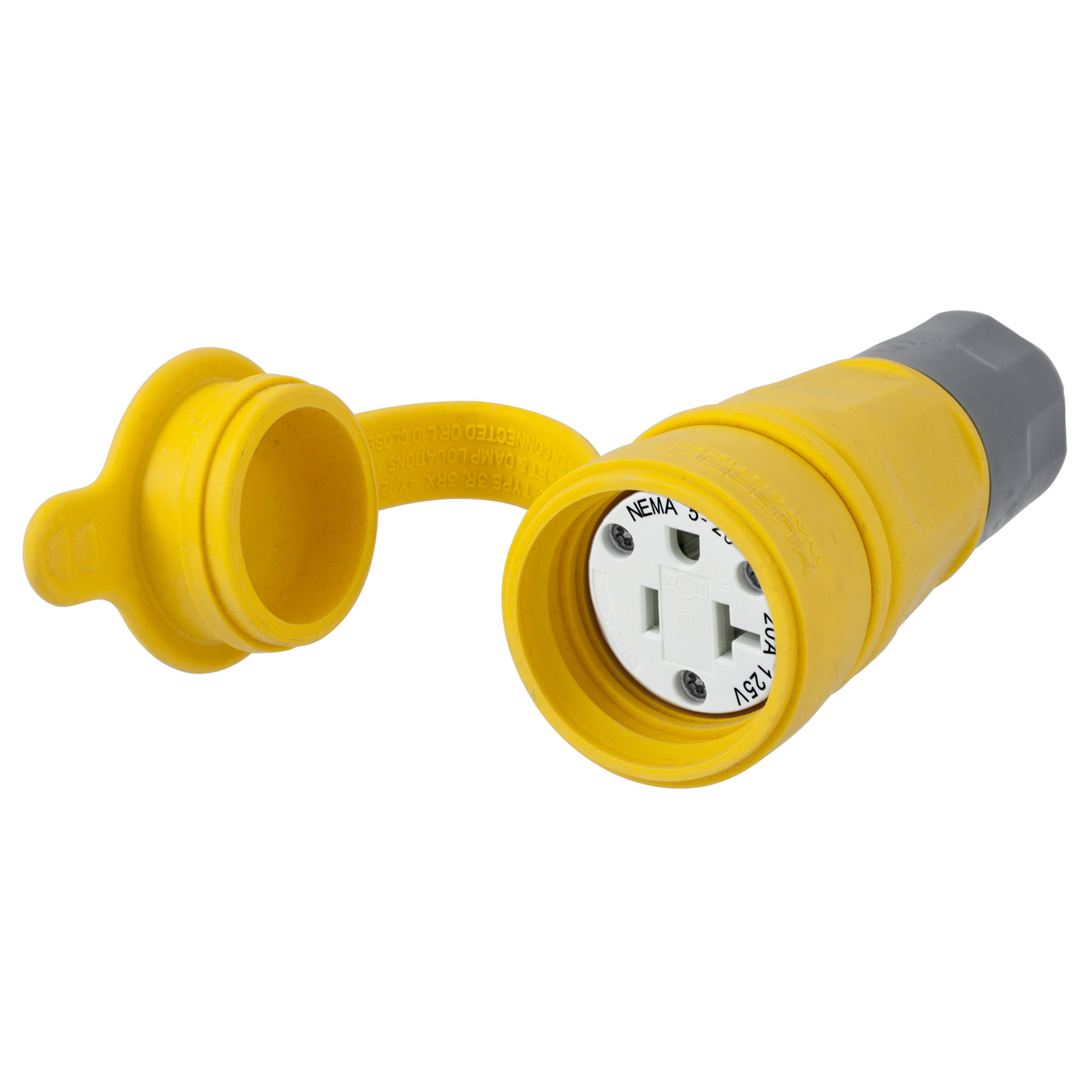 HBL15W33A Female Standard Sized Watertight Cord Mount Straight Blade Connector, 125 V AC, 20 A, 2 Poles, 3 Wires, Yellow