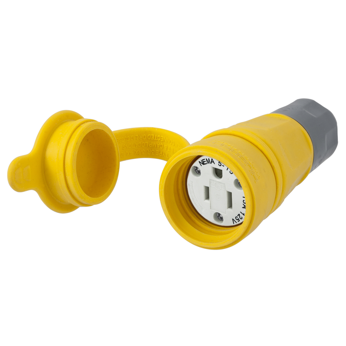 HBL15W47A Female Grounding Insulated Watertight Cord Mount Straight Blade Connector, 125 V AC, 15 A, 2 Poles, 3 Wires, Yellow