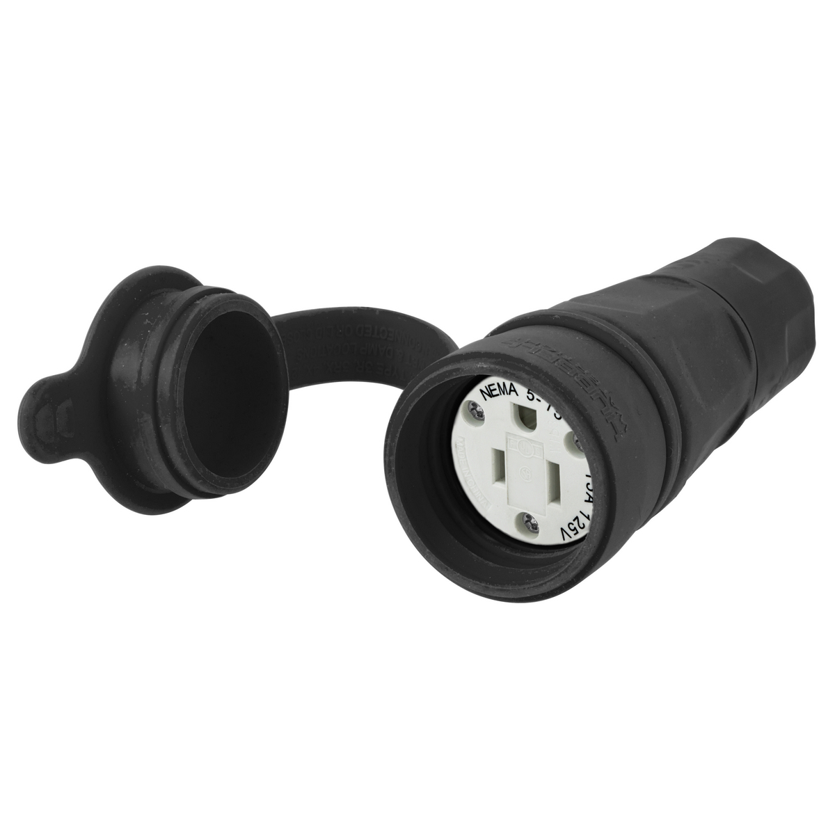 HBL15W47BK Female Standard Sized Watertight Cord Mount Straight Blade Connector, 125 V AC, 15 A, 2 Poles, 3 Wires, Black