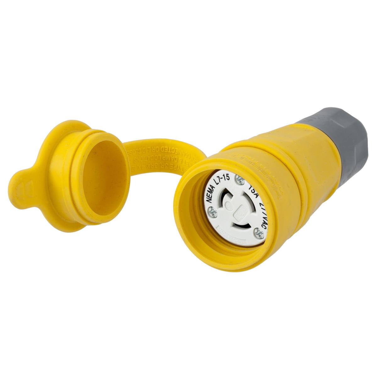 HBL25W34 Isolated Grounding Standard Sized Water/Dust-Tight Cord Mount Watertight Female Connector, 277 V AC, 15 A, 2 Poles, 3 Wires, Yellow
