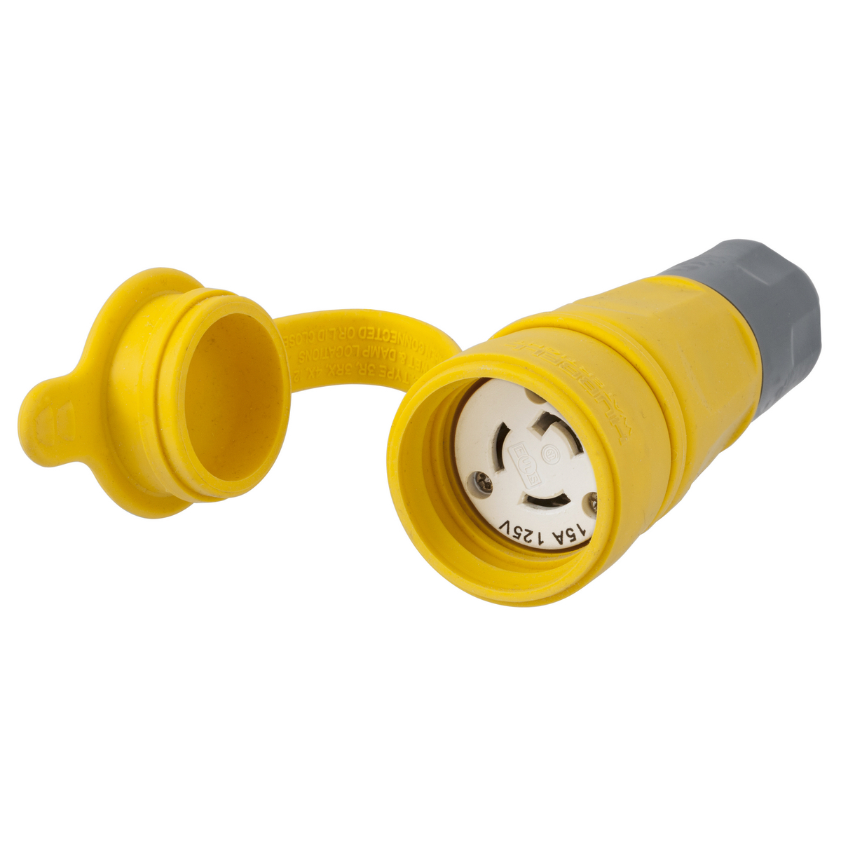 HBL25W47A Watertight Grounding Heavy Duty Shrouded Watertight Cord Mount Locking Connector, 125 V AC, 15 A, 2 Poles, 3 Wires, Yellow